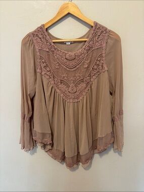 Ultra Pink Lace Yoke Peasant Blouse - Mauve